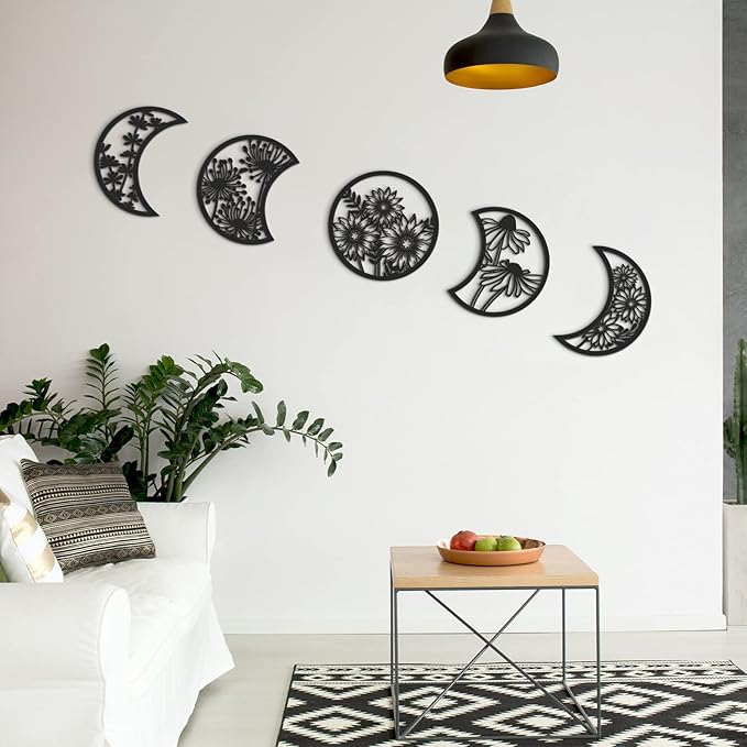 Jetec 5 Pcs Moon Phase Wall Hanging Decor Art Above Bed 10.6" H Boho Moon Phase Wood Wall Pediment Ornament for Living Room Bedroom Home Decoration Room Apartment Bar(Black)