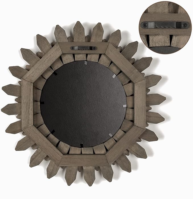 Honiway Farmhouse Wall Decor Mirror 12 inch Sunburst Boho Wood Mirror Rustic Home Decor Room Decoration for Bedroom Living Room Weathered Grey