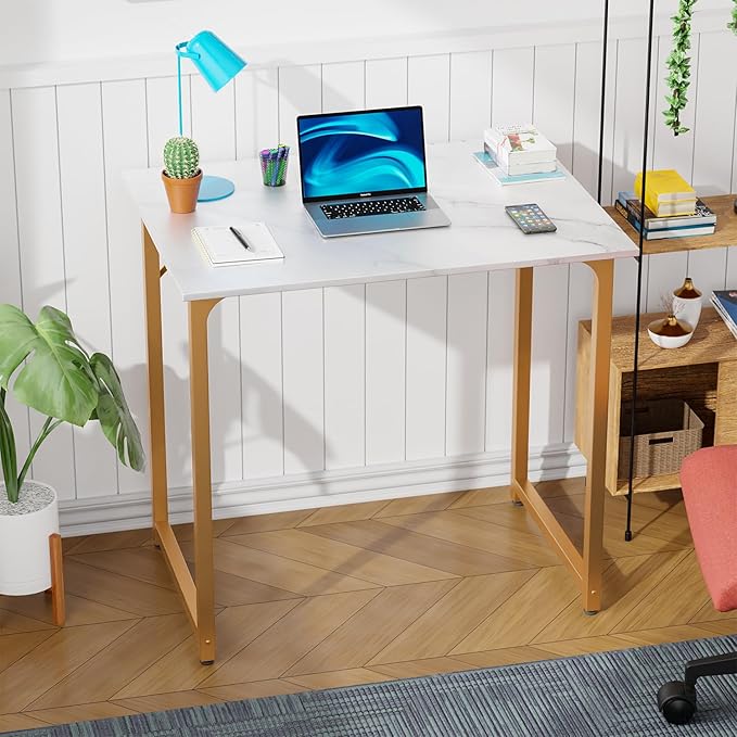 PayLessHere | 32 Inch Computer Desk | White Gold | Office Desk with Metal Frame, Adjustable Feet | Water-Resistant, Scratchproof Surface | Sturdy Writing Table for Home Office or Study | Pack of 1