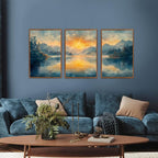 KAlRNE Sunset Mountain Canvas Wall Art,Abstract Scenery Wall Painting,Blue Landscape Lake Pictures,Watercolor Mountains Forests Art Prints For Living Room Bedroom Office Decoration - Framed 16X24 Inch