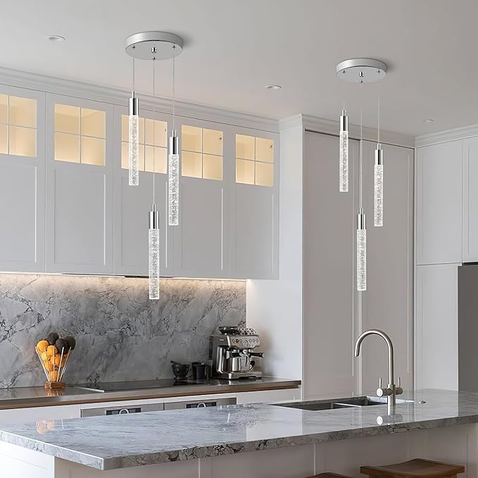 Modern Light Fixture Kitchen Island Pendant Light Dimmable LED Chrome Pendant Lights Mini Crystal Pendant Lighting for Bedroom Dining Room Living Room（3-Light ）