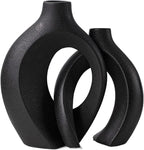 Levvohd Black Hollow Ceramic Vase Set of 2, Snuggle Round Boho Donut Modern Vase Nordic Minimalist Decorative Vase for Modern Trendy Home Table Centerpiece Decor (W 6.3" X H 8")