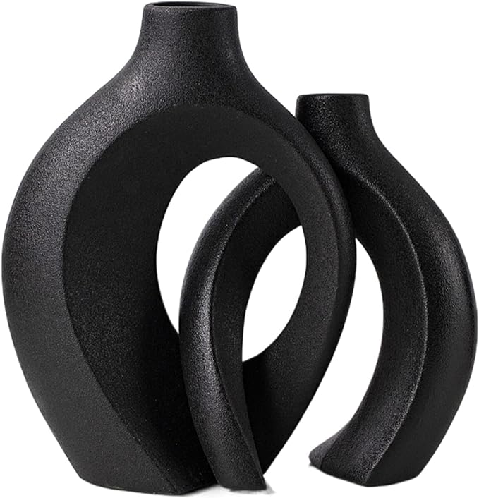 Levvohd Black Hollow Ceramic Vase Set of 2, Snuggle Round Boho Donut Modern Vase Nordic Minimalist Decorative Vase for Modern Trendy Home Table Centerpiece Decor (W 6.3" X H 8")