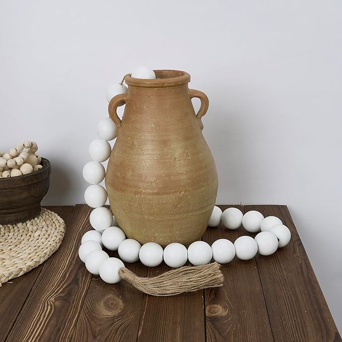 OMISHE 60" Long Extra Large Wood Bead Garland with 1.6" Diameter Wooden Beads and Tassels, Rustic Farmhouse Country Decorative Beads for Home Tiered Tray Decor, White