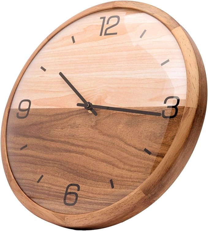 Driini Analog Dome Glass Wall Clock (12") - Pine Wood Frame with Two-Tone Wooden Face - Battery Operated with Silent Movement - Large Decorative Clocks for Classroom, Office, Living Room, or Bedrooms.