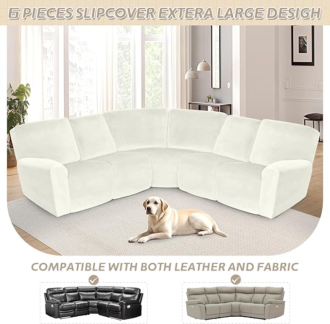 Arfntevss Sectional Recliner Couch Covers Velvet Corner Sectional Sofa Cover for Reclining Couch Stretch Soft L Shape Recliner Slipcover Thick U Shaped Washable Protector (5 Seat Cover, Cream)