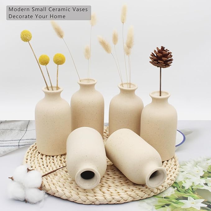 YANLING 6 Pack Light Yellow Small Vase for Flowers, 5 inch Modern Ceramic Vases for Pampas Grass Simple Shelf Vase, Boho Vases for Home Decor, Wedding Dinner Table Party Office Bedroom