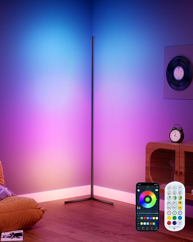 LED Corner Lamp, 65" RGB Corner Floor Lamp with 16 Million DIY Colors, 216 Dynamic Light Effects and Music Sync - App and Remote Control LED Lamp for Bedroom, Living Room, Gaming Room
