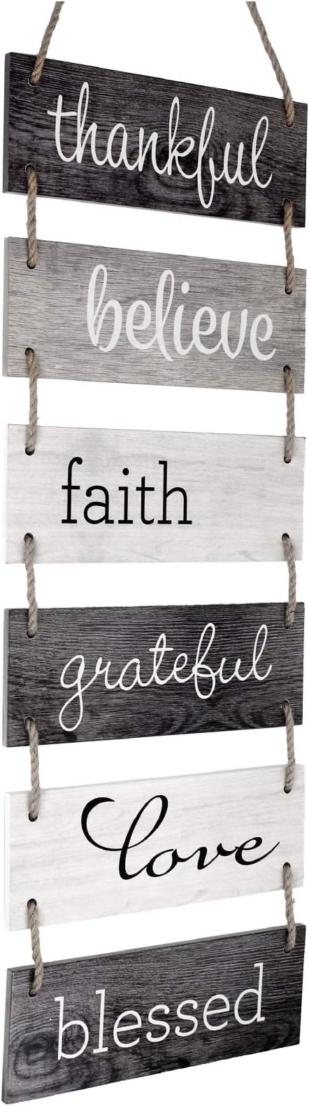 EXCELLO GLOBAL PRODUCTS Large Hanging Wall Sign: Rustic Wooden Decor (Grateful, Love, Believe, Thankful, Faith, Blessed) Hanging Wood Wall Decoration (11.75" x 32")