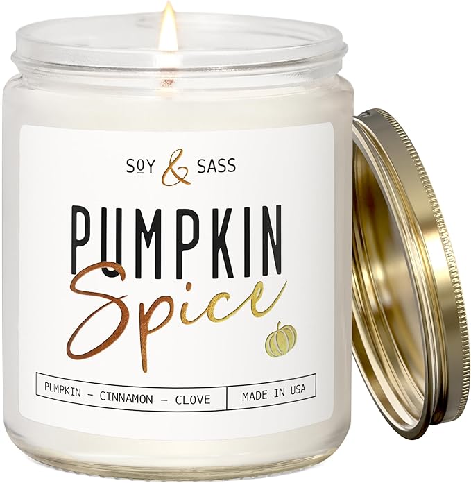 Pumpkin Spice Candle, Fall Candles - 'Pumpkin Spice' Pumpkin Candle I Infused w/Essential Oils I Autumn Scented Soy Candles for Home I Fall Home Décor I 9oz Reusable Jar, 50Hr Burn, Made in USA