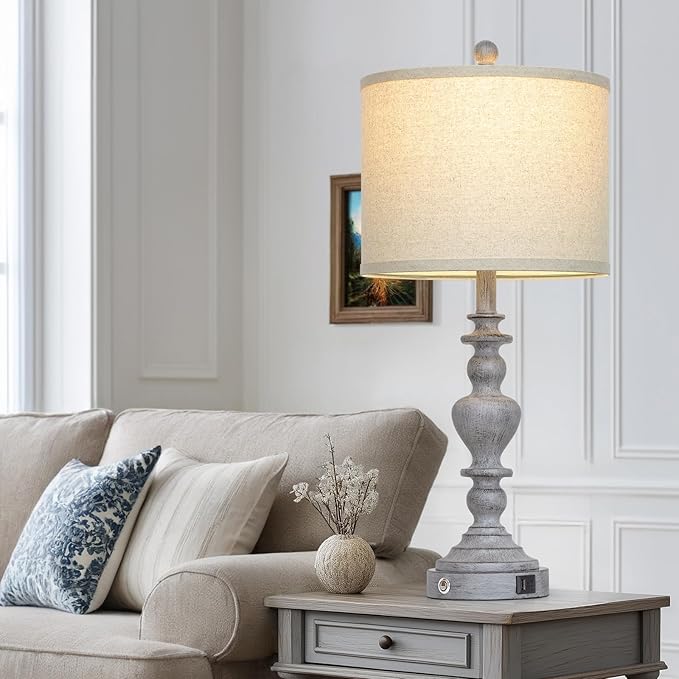 27" Tall Table Lamps for Living Room, 3-Way Dimmable Touch Control Farmhouse Vintage Table Lamps Set of 2 with USB C+A Ports and AC Outlets, Rustic Bedside Nightstand Lamp for Bedrooms Office Grey