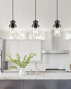 Industrial Pendant Light with Seeded Glass Shade, Black Farmhouse Hanging Light for Kitchen Island, Modern Ceiling Light Fixture for Dining Room Bedroom