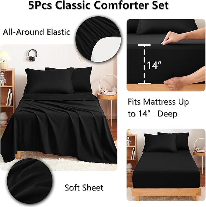 CozyLux Twin Comforter Set with Sheets Black - 5 Pieces Bed in a Bag Twin, All Season Bed Set for Girls and Boys, Bedding Set with Down Alternative Comforter, Sheets, Pillowcase & Sham