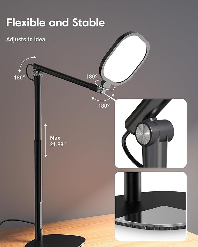 Led Desk Lamps for Home Office with Base, Tall Desk Lamp with 50 Light Modes & Memory and Timer Func Computer Light, Flexible Adjustable Table Lamps for Video Conference, Architect or Study(Black)