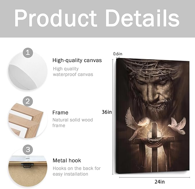 Fantasy Artists Framed Jesus Christ Canvas Wall Art The Cross and Peace Dove Christian Painting Prints Biblical Wall Decor Religious Room Decor for Church Prayer Room Schools Hospitals 24'' x 36''