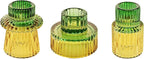 Double Sided Vintage Ribbed Taper Glass Candle Holders,Tea Candle Holder for Table Centerpieces, Wedding Decorations and Dinner Parties (Yellow Green, 3 PCS)