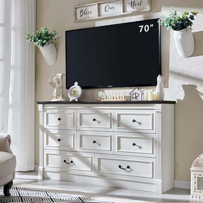 Farmhouse 8 Drawers Dresser for Bedroom, 61" Wide Large Dressers & Chests of Drawers w/Roman Column, Storage Dressers Organizer for Bedroom, Hallway, Living Room, White