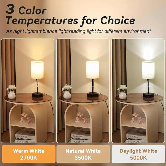 Small Bedside Table Lamp for Nightstand with USB & Outlet, 3 Color, Matte Black, Beige Lampshade (LED Bulb Included)