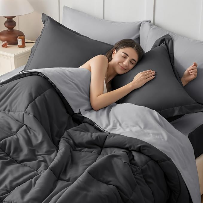 JOLLYVOGUE Twin XL Comforter Set, Ultra-Soft Bed in a Bag Twin XL Size 5 Pieces, Oeko-TEX Certified Bedding Set with Down Alternative Comforter, Sheets, Pillowcases & Shams, Dark & Light Grey