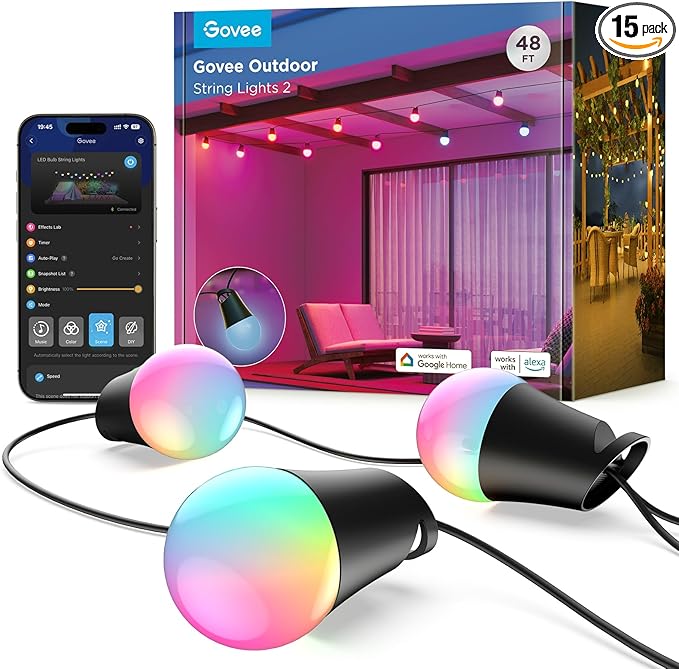 Govee Smart Outdoor String Lights 2, 48ft Outdoor Lights with Dimmable Warm White LED Bulbs, 47 Scene Modes for Patio, Backyard, Balcony, IP65 Waterproof, Works with Alexa, App Control