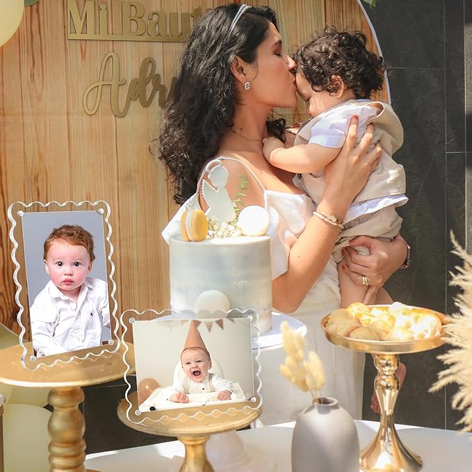 Acrylic Picture Frames 3 Pack 5x7 Scalloped with Detachable Brackets, Vertical and Horizontal Tabletop Display, Clear Magnetic Photo Frames for Home/Party/Wedding