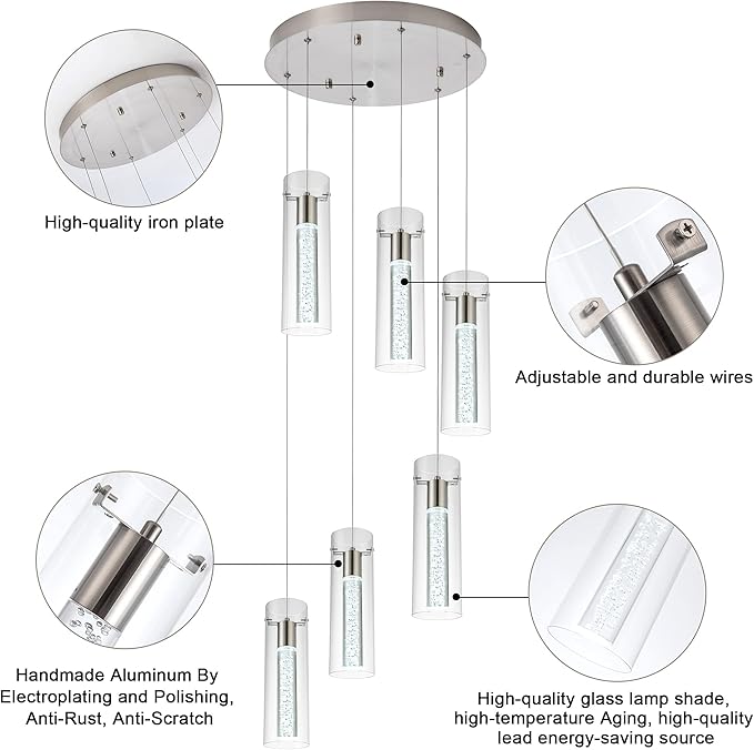 Pendant Lights Kitchen Island Kitchen Lights Modern Crystal Bubble Glass Pendant Ceiling Light Fixture for, Dining Room, and Restaurant - 48W Integrated LED Hanging Light Dimmable.(6-Light)