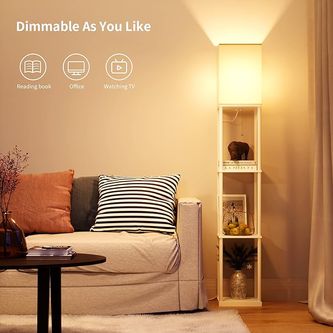 SUNMORY Shelf Floor Lamp with 3-Way Dimmable LED Bulb, Modern Square Standing Lamp with Shelves and White Shade, Corner Display Bookshelf Lamp for Living Room and Bedroom(White)