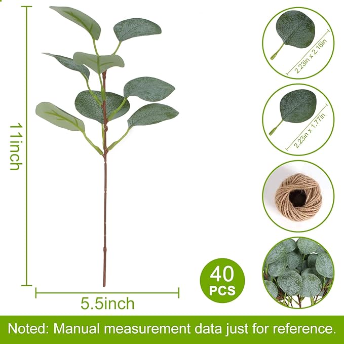 40 Pcs Artificial Eucalyptus Stem, Fake Silver Dollar Eucalyptus Leaves Stems Bulk Real Touch Faux Leaf Branches for DIY Bouquets Floral Arrangement Wedding Home Decor