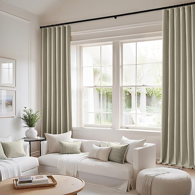MIULEE 100% Blackout Curtains 120 Inch Long 2 Panels Set for Bedroom, Thick Luxury Faux Linen Black Out Curtain Room Darkening Back Tab Pleat Window Textured Drapes with Hooks for Living Room, Oatmeal