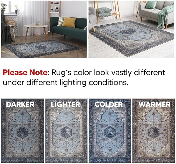 Keen Home Design 6x9 Rug - Machine Washable Area Rug with Non-Slip Backing, Ideal for Living Room, Dining Room, Bedroom - Vintage, Easy Clean, Durable, Low Pile Rug - (6' x 9')