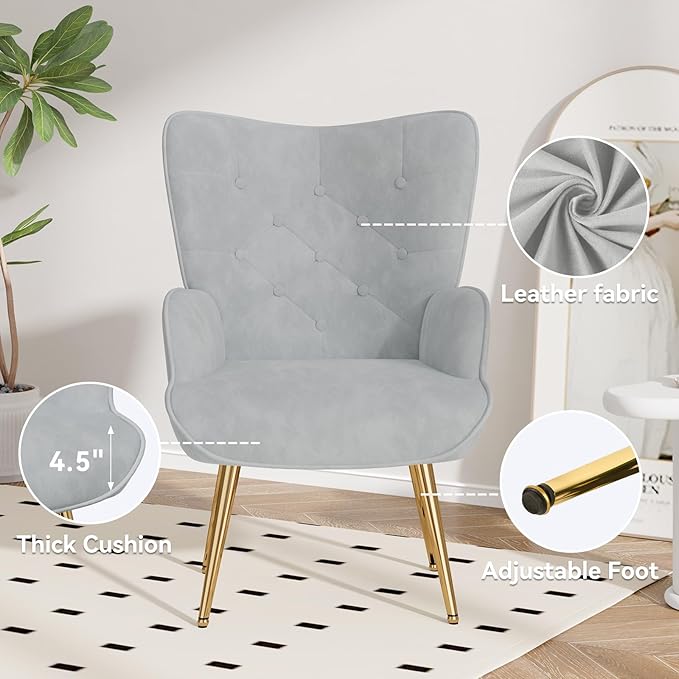 Nalupatio Mid Century Modern Velvet Accent Chair, Tufted Button High Back Chair, Upholstered Wingback Armchair with Metal Legs, High Back Side Chair for Living Room Bedroom, Grey