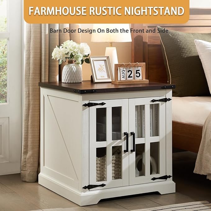 Farmhouse End Table with Charging Station,24" Large Sofa Side Table with Glass Barn Door, Rustic Wood Nightstand Bedside Table with Adjustable Storage Shelf for Living Room, Bedroom,White