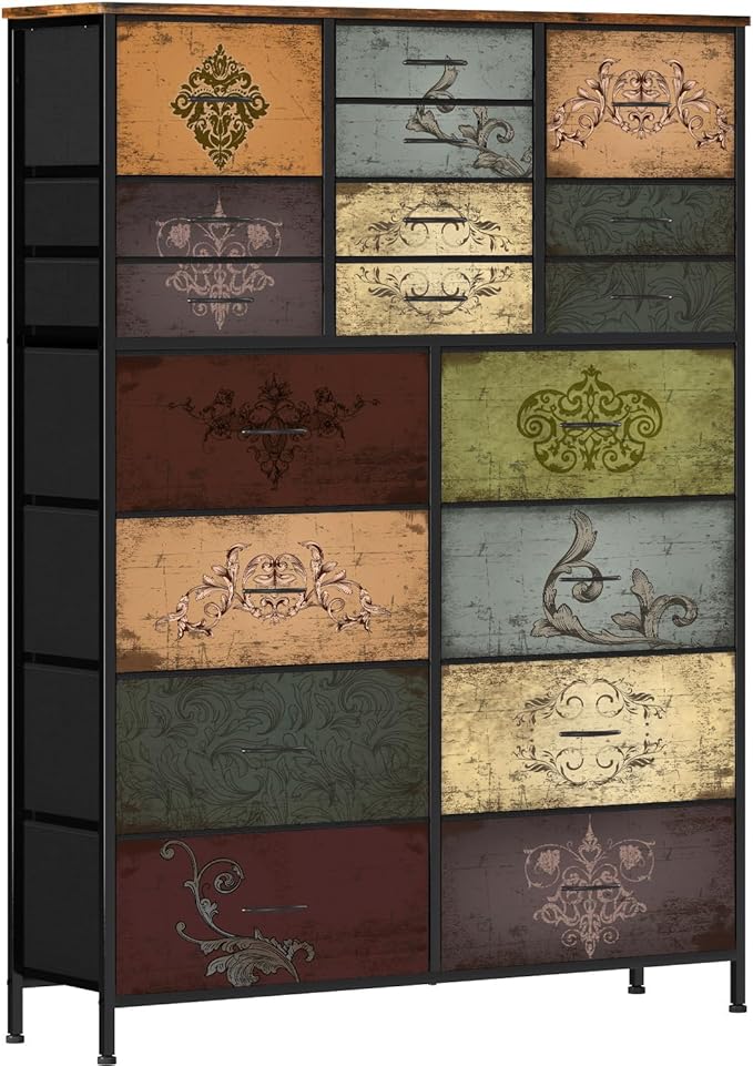 Dresser for Bedroom with 18 Drawers, Tall Fabric Storage Dresser, Chest of Drawers for Closet, Nursery, Bedside, Living Room, Laundry, Entryway, Hallway (Pattern)