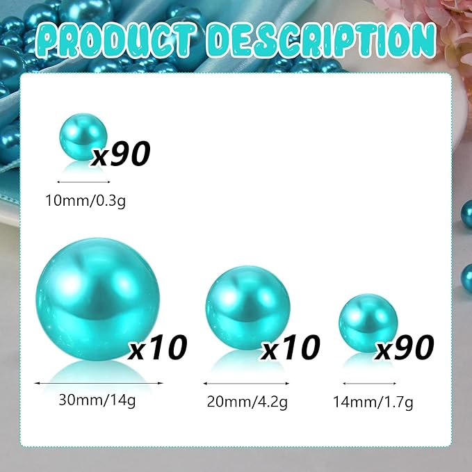 200PCS Teal Faux Pearls Beads for Centerpiece Vases, Vase Filler Faux Pearls, No Holes Filler Beads for Party Anniversary Birthday Wedding Table Decor, 10/14/20/30mm