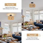 Boho Semi Flush Mount Ceiling Light - Rattan Light Fixture with Hand-Woven Shade, 3 Light Farmhouse Chandelier Coastal Wicker Light Fixtures for Kitchen Bedroom Foyer Nursery Entryway