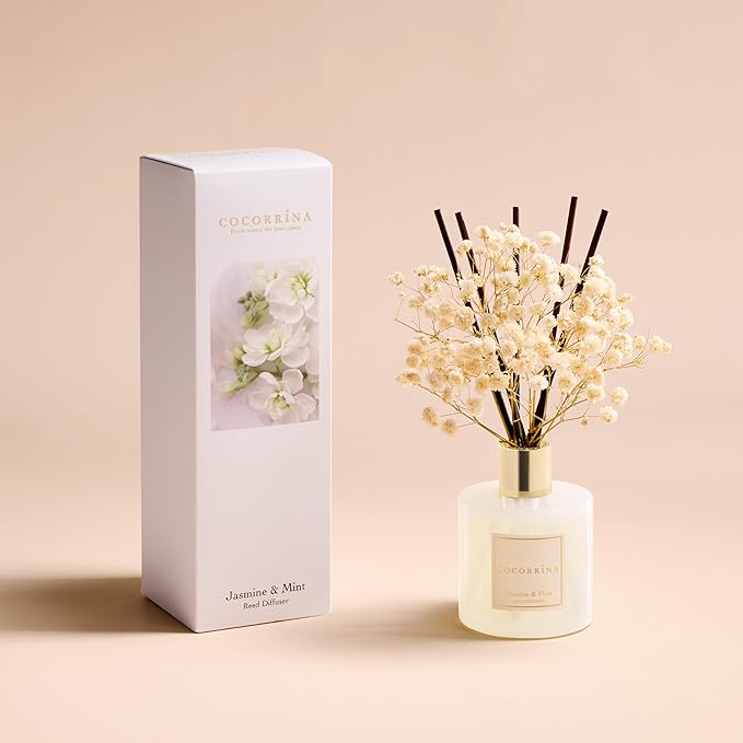COCORRÍNA Reed Diffuser - Jasmine & Mint 6.7 Fl.oz Reed Diffuser Set with Sticks & Preserved Baby's Breath, Reed Diffuser for Home Bathroom Shelf Decor