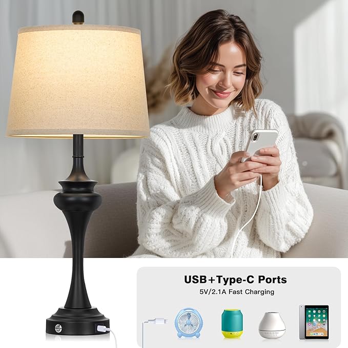 30" Black Tall Table Lamps for Living Room, Touch Control Bedside Lamp with USB A+C Ports, 3-Way Modern Bedroom Table Lamps Set of 2, Elegant Metal Lamp for Nightstand Desk Side Table Office