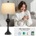30" Black Tall Table Lamps for Living Room, Touch Control Bedside Lamp with USB A+C Ports, 3-Way Modern Bedroom Table Lamps Set of 2, Elegant Metal Lamp for Nightstand Desk Side Table Office
