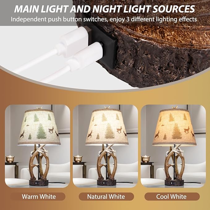 Set of 2 Rustic Western Deer Table Lamps, 26" with Nightlight & 2 USB Ports, Natural Antler Design for Bedroom, Living Room, Office & Christmas