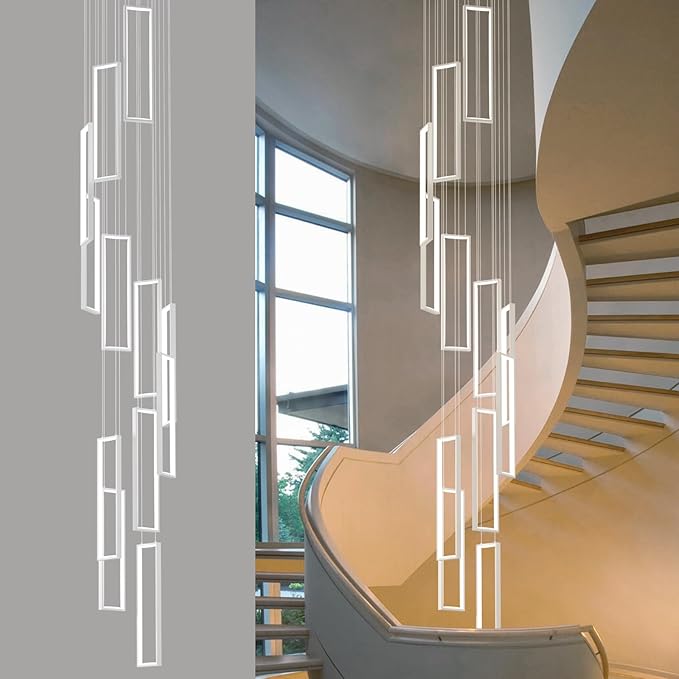 Modern Adjustable Height Pendant Light Fixture - White 252W LED Pendant Lights with 12 Rings - Rectangular Chandelier for Staircase, Lobby, Living Room, Foyer and High Ceiling