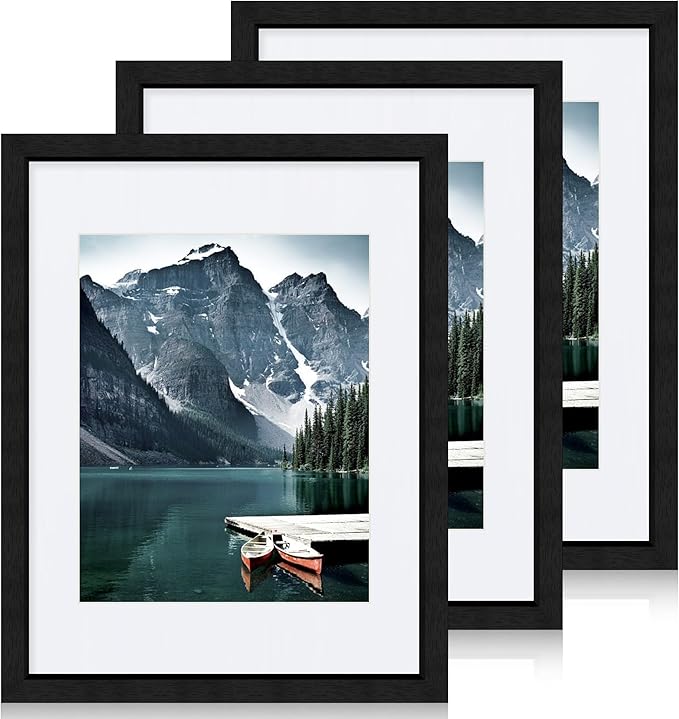 11x14 Picture Frames set of 3, Made of Glass and Black Wooden Photo frame - Displays 8x10 Picture with Mat or 11 x 14 Poster without Mat, Wall Collage Frame set
