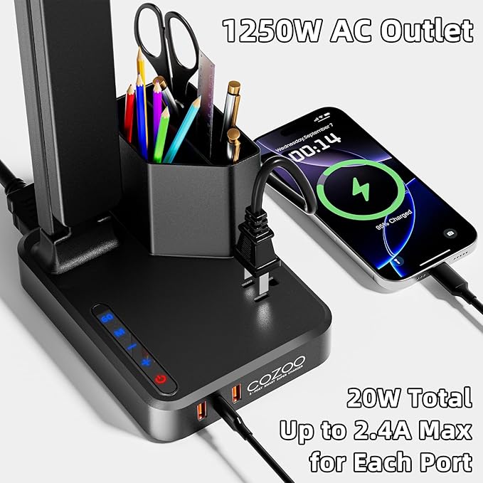 COZOO LED Desk Lamp with 3 USB Charging Ports,1 AC Outlet,2 Pen Holders,3 Color Temperatures 3 Brightness LevelsTouch/Memory/Timer Function,10W Eye Protection Foldable Reading Light,College Study Lamp