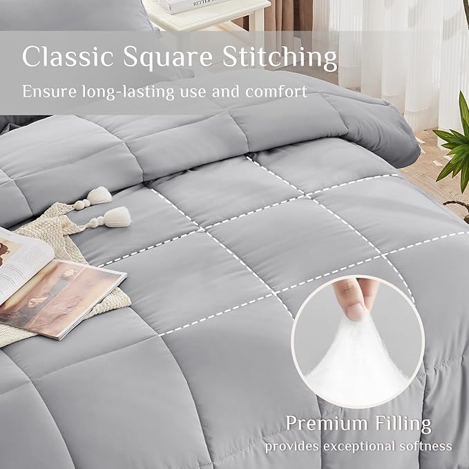 JOLLYVOGUE Full Comforter Set, Ultra-Soft Bed in a Bag Full Size 7 Pieces, Oeko-TEX Certified Bedding Set with Down Alternative Comforter, Sheets, Pillowcases & Shams, Light Grey