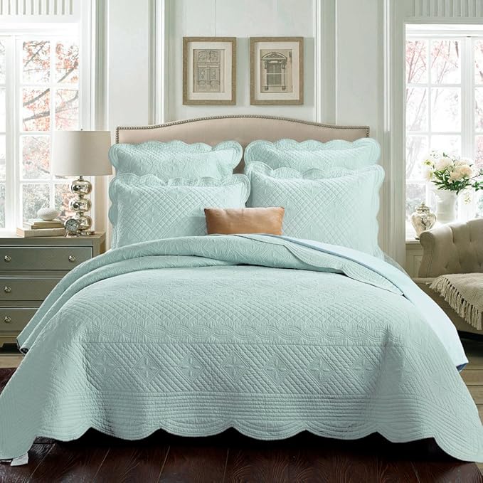 Calla Angel Sage Garden Luxury Pure Cotton Quilt, Queen, Light Aqua