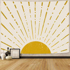 Kanuyee Gold Boho Burning Sun Tapestry Wall Hanging, Retro 70s Abstract Vintage Geometric Line Sunrise Tapestries for Bedroom Living Room Backdrop 60×80 inch