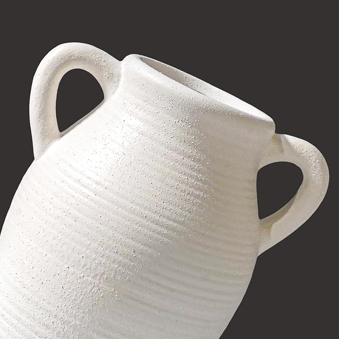 Sunddo White Ceramic Vase for Home Decor, 8 inch Farmhouse Flower Vase with 2 Handles, Rustic Boho Pottery for Room Decor Aesthetic, Bathroom Table Fireplace Decorative