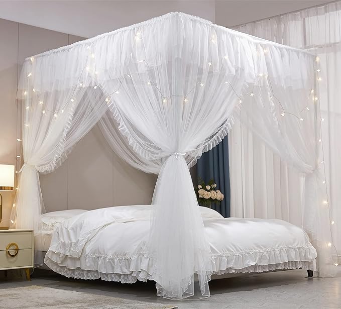VETHIN 4 Corners Post Ruffle Princess Bed Canopy Curtain-Double Layer Cozy Drape Netting 4 Opening Mosquito Net for Girls Adults Bedroom Decoration (White/White, 53" W*78" L*82"*H/(Full))