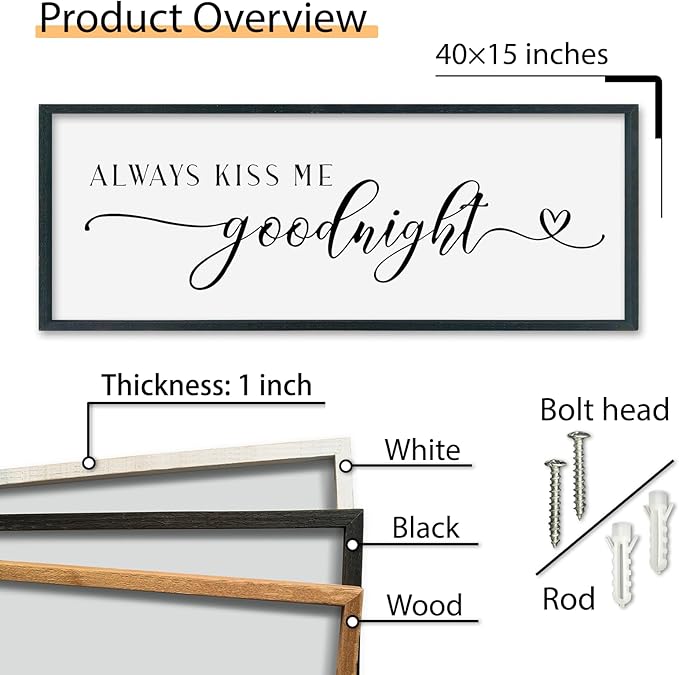 SRSZHIYUE Always Kiss Me Goodnight Sign Wall Decor Art for Master Bedroom Above Bed 40"×15" Large Wood Framed Wall Hanging (Black)