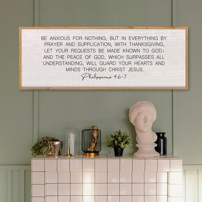 LuZhiQiang Be Anxious for Nothing Wall Decor 40"×15" Philippians 4:6-7 Bible Verse Sign Large Christian Scripture Wood Framed Hanging Decor (Wood)