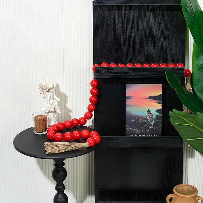 OMISHE 60" Long Large Wood Bead Garland with 1.6" Diameter Wooden Beads and Tassels, Rustic Farmhouse Country Wood Beads Garland for Home Tiered Tray Decor, Decorative Beads with Tassels Red